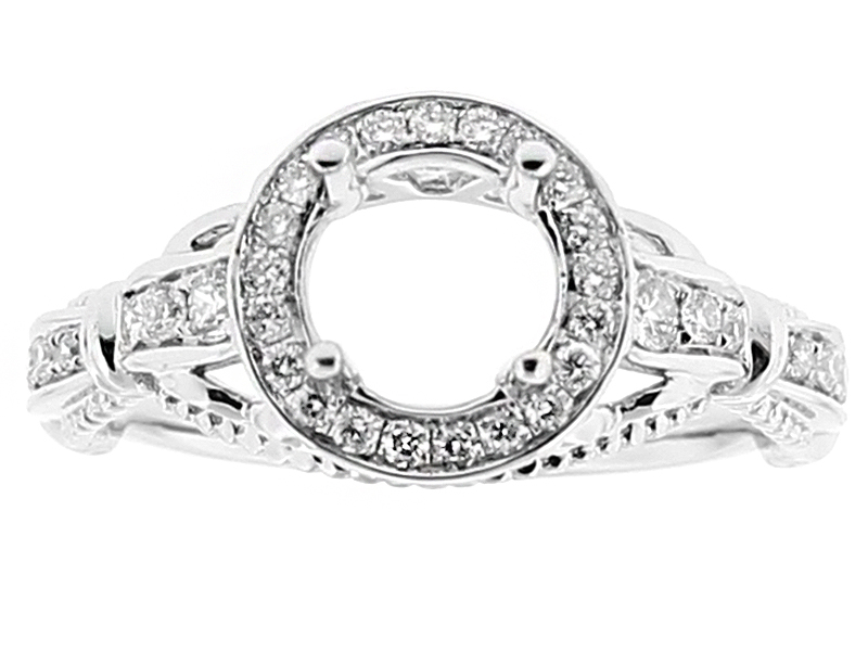 Semi Mount Round Halo Openwork Engagement Ring with Micro Pave Set Diamonds in 18kt White Gold