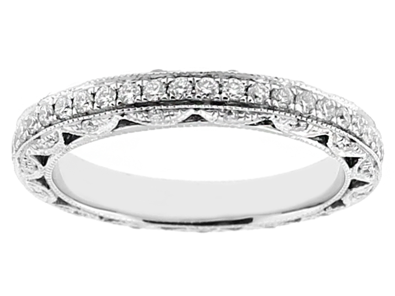 Ladies Openwork Eternity Wedding Band with Milgrain and Micro Pave Set Diamonds in 18kt White Gold