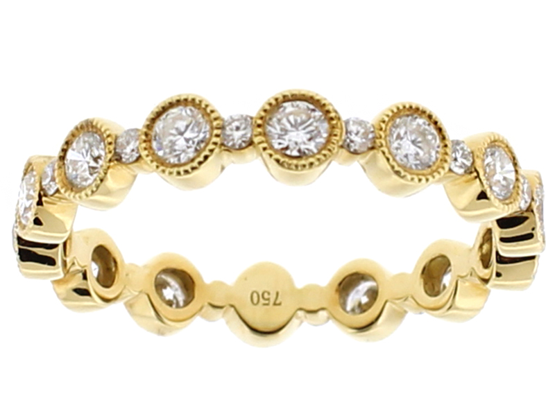 Ladies Vintage Inspired Milgrain Eternity Wedding Band with Channel and Bezel Set Diamonds in 18kt Yellow Gold