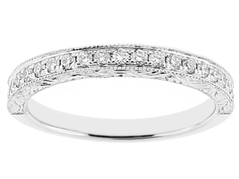 Ladies Triple Side Wedding Band with Engraved Design and Preset Diamonds in 18kt White Gold