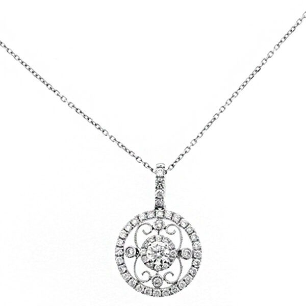 Round Openwork Pendant with Diamonds and Filigree Design in 18kt White Gold