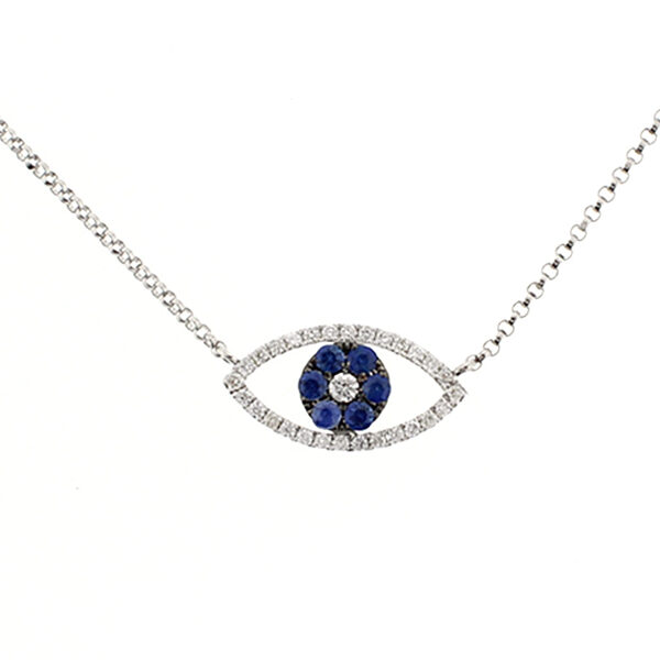 Evil Eye Necklace with Diamonds and Sapphires in 18kt White Gold