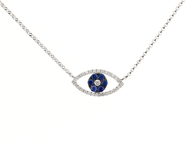 Evil Eye Necklace with Diamonds and Sapphires in 18kt White Gold