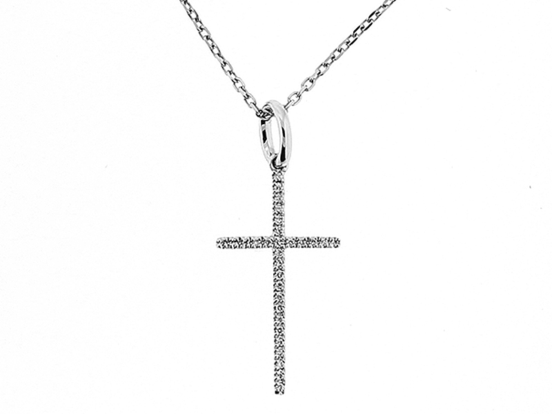 Thin Cross Pendant with Diamonds in 18kt White Gold