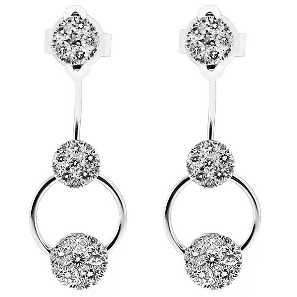 Double Step Dangling Earring with Clusters of Diamonds in 18kt White Gold