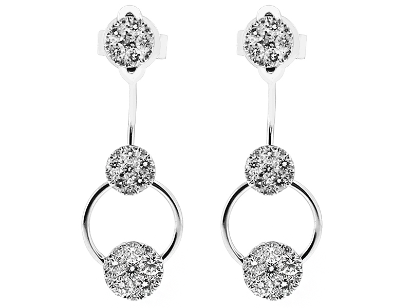 Double Step Dangling Earring with Clusters of Diamonds in 18kt White Gold