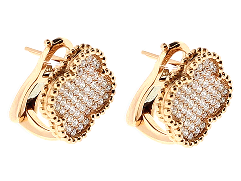 Clover Shaped Omega Back Earrings with Pave Set Diamonds Bordered by Beaded Milgrain in 18kt Rose Gold