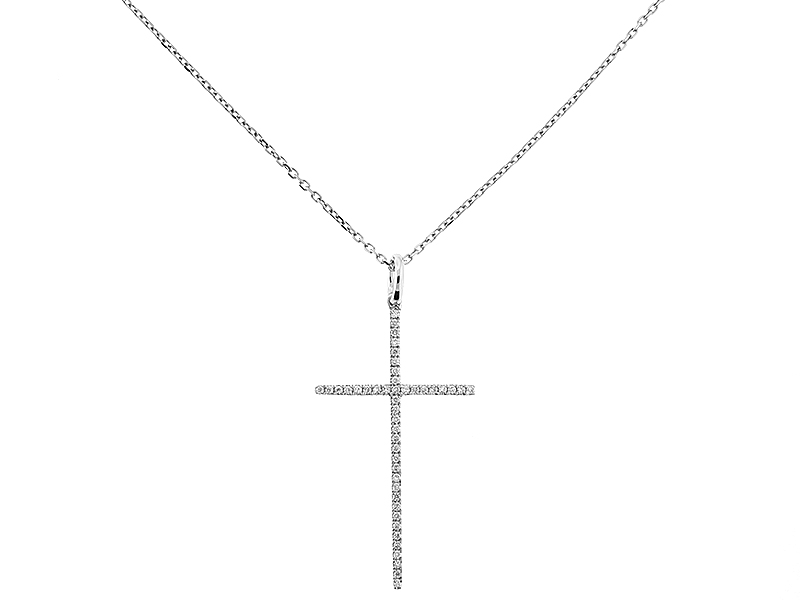 Thin Cross Pendant with Diamonds in 18kt White Gold