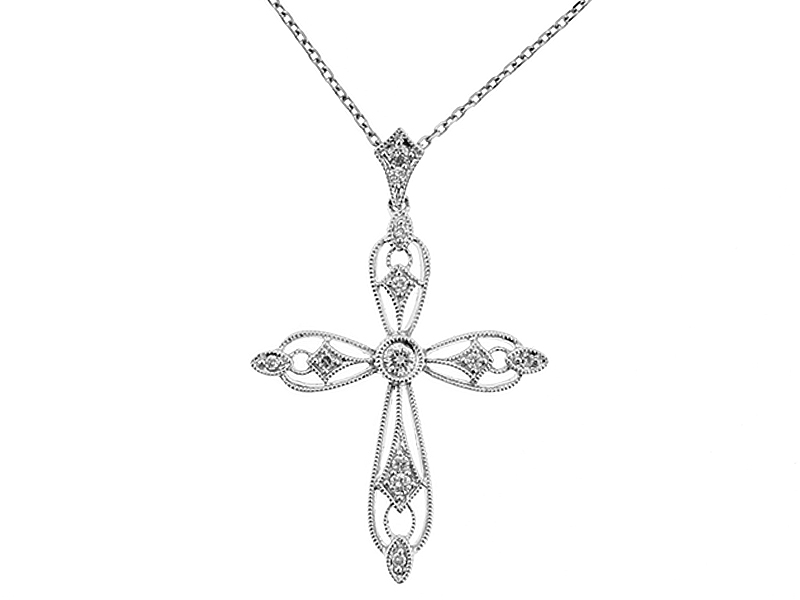 Openwork Milgrain Cross Pendant with Diamonds in 18kt White Gold