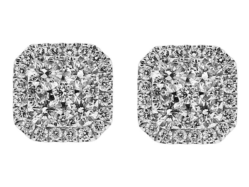 Square Post Back Stud Earrings with Cluster of Diamonds Surrounded by Halo in 18kt White Gold