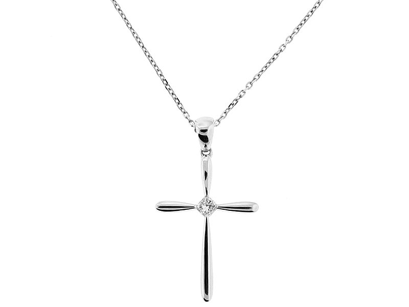 Cross Pendant with Single Princess Cut Diamond in 18kt White Gold