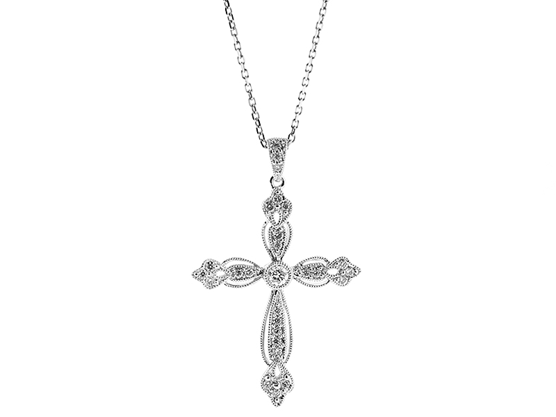 Openwork Cross Pendant with Diamonds Surrounded by Milgrain in 18kt White Gold