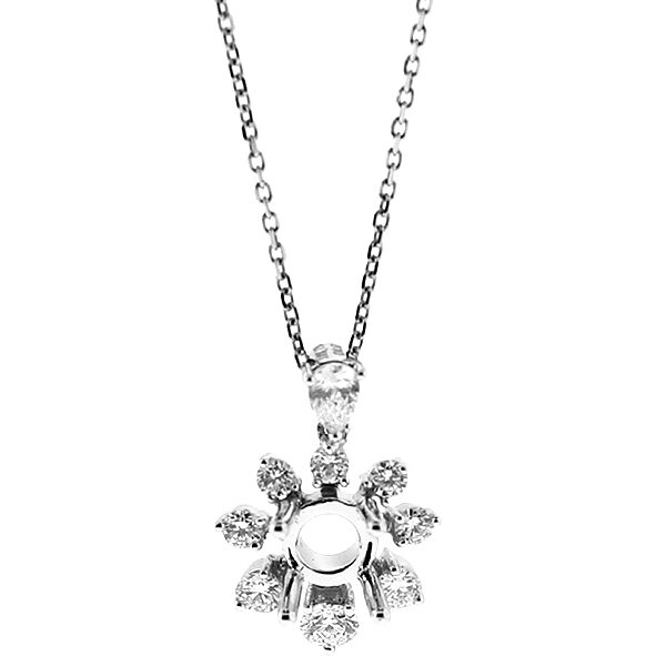 Semi Mount Solitaire Flower Pendant with Round and Pear Shaped Diamonds in 18kt White Gold