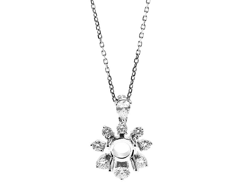 Semi Mount Solitaire Flower Pendant with Round and Pear Shaped Diamonds in 18kt White Gold