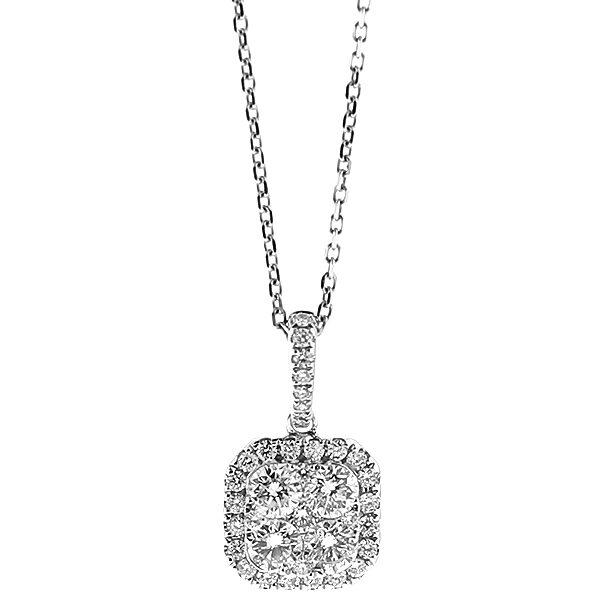 Square Pendant with Cluster of Diamonds Surrounded by Halo in 18kt White Gold
