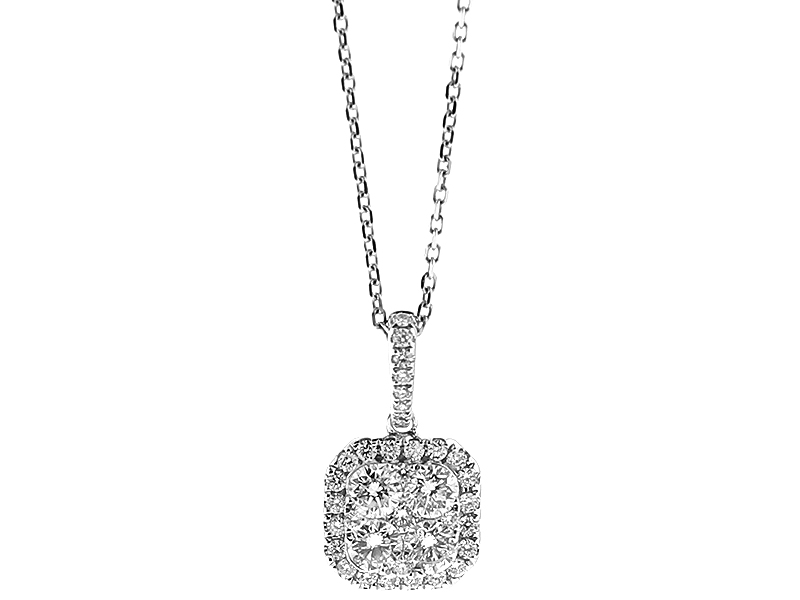 Square Pendant with Cluster of Diamonds Surrounded by Halo in 18kt White Gold