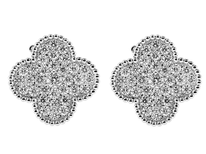 Clover Shaped Omega Back Earrings with Pave Set Diamonds Bordered by Beaded Milgrain in 18kt White Gold