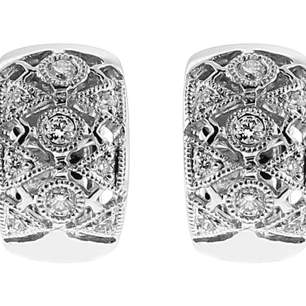 Openwork Huggie Earrings with Bezel and Micro Prong Set Diamonds Bordered by Milgrain in 14kt White Gold