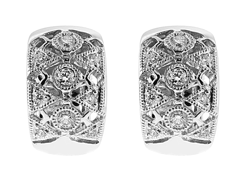 Openwork Huggie Earrings with Bezel and Micro Prong Set Diamonds Bordered by Milgrain in 14kt White Gold