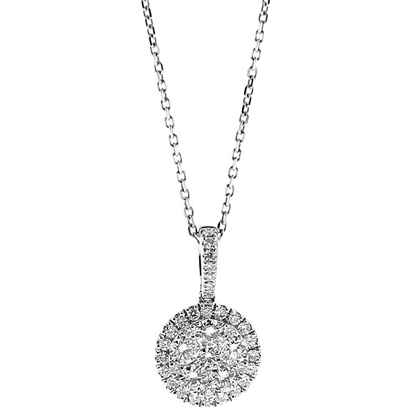 Round Pendant with Cluster of Diamonds Surrounded by Halo in 18kt White Gold