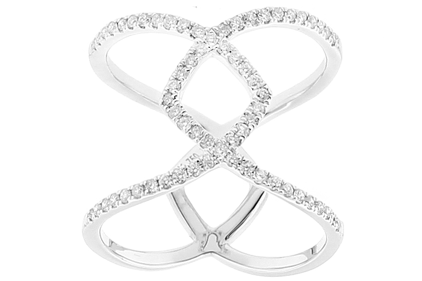 Modern Ladies Cocktail Ring with Crossover Design of Diamonds in 18k White Gold