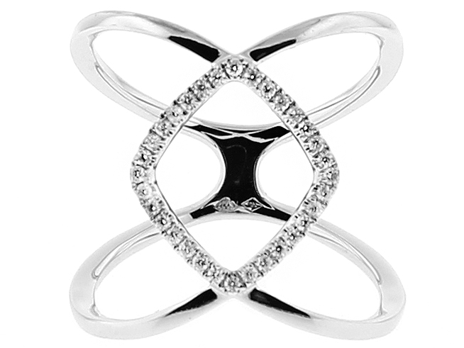 Ladies Modern Statement Ring with Crossover Design of Diamonds in 18k White Gold
