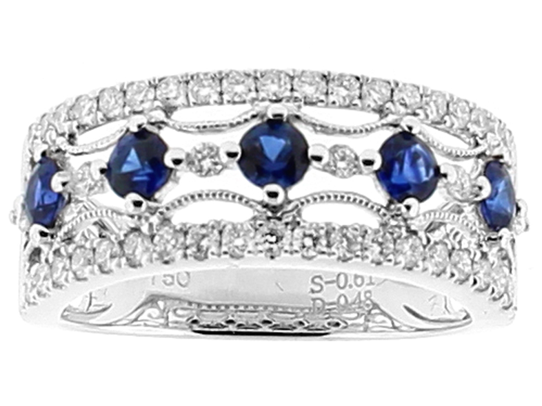 5 Stone Sapphire and Diamond Ring with Openwork and Milgrain in 18k White Gold