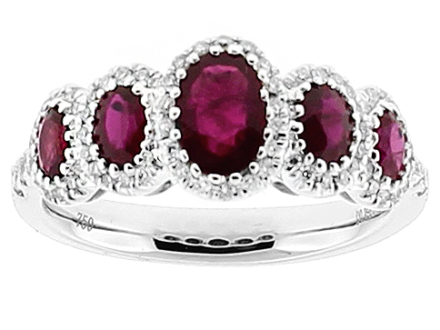 5 Stone Ruby Ring with Bordering Diamonds in 18k White Gold