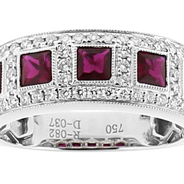 5 Stone Bezel Set Ruby Ring with Pave Set Diamonds and Milgrain in 18k White Gold