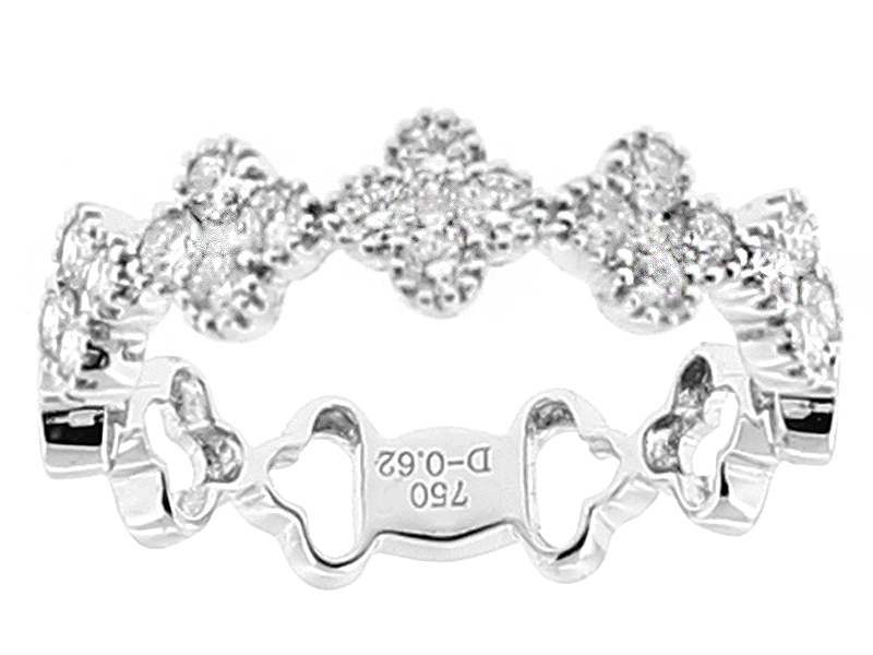 Ladies Fashion Ring with Clover Shapes of Pave Set Diamonds in 18k White Gold