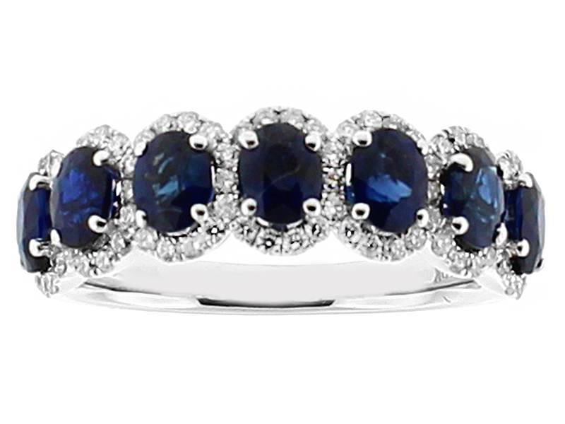 7 Stone Sapphire Ring with Surrounding Diamonds in 18k White Gold