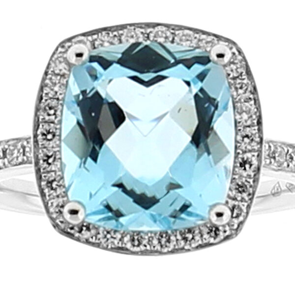 Aquamarine Ring Surrounded by Halo of Diamonds in 18k White Gold