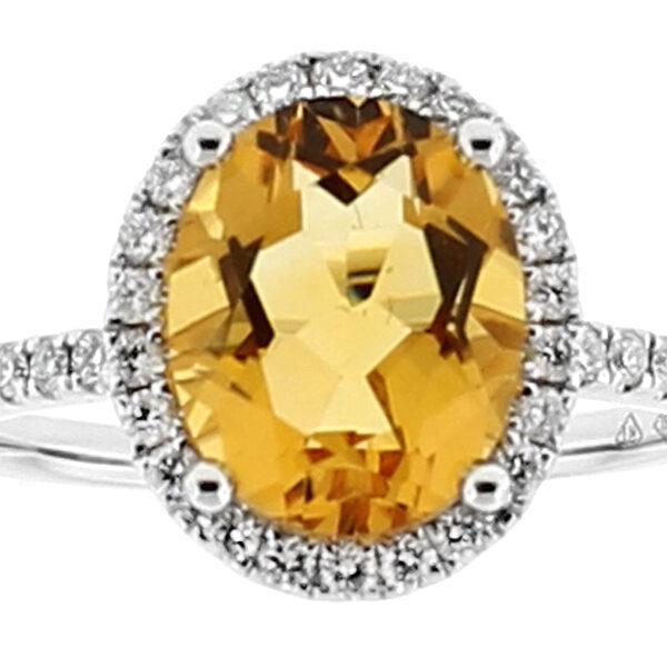 Yellow Topaz Ring Surrounded with Halo of Diamonds in 18k White Gold