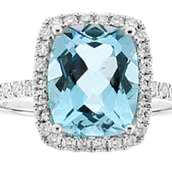 Aquamarine Ladies Fashion Ring with Halo of Diamonds in 18k White Gold