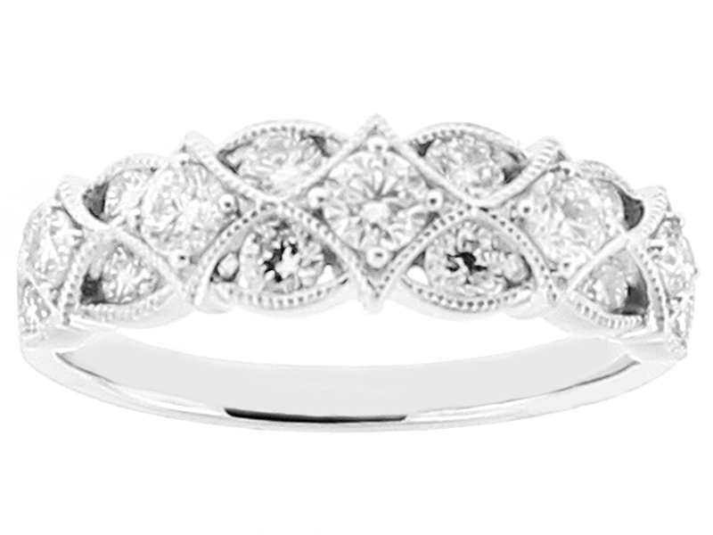 Ladies Right Hand Fashion Ring with Channel Set Diamonds Surrounded by Milgrain Filigree in 18k White Gold