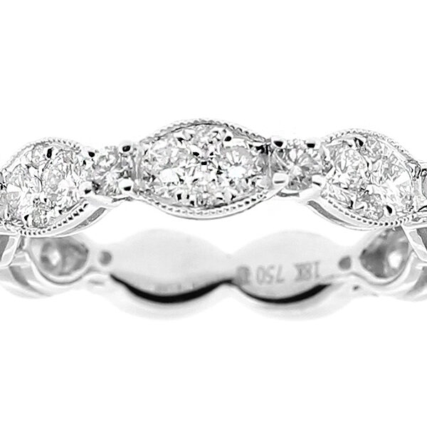 Ladies Stackable Eternity Ring with Pave Set Diamonds and Milgrain Detail in 18k White Gold