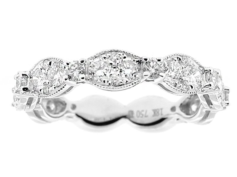 Ladies Stackable Eternity Ring with Pave Set Diamonds and Milgrain Detail in 18k White Gold