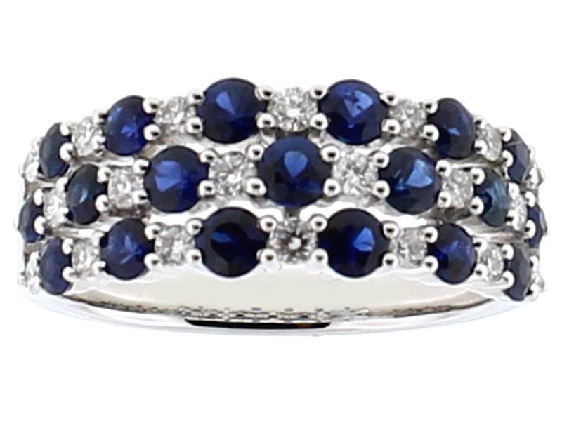 Triple Row Sapphire Ring with Diamonds in 18k White Gold
