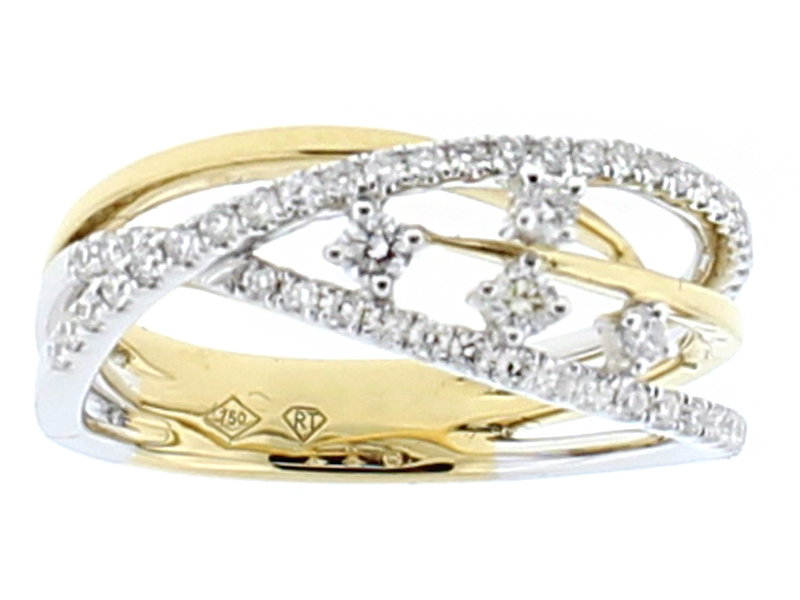 Two Tone Crossover Ring with Diamonds in 18k White and Yellow Gold