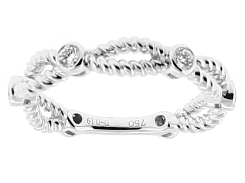 Rope Design Crossover Stackable Ring with Bezel Set Diamonds in 18k White Gold