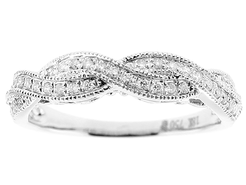 Twist Design Ring with Pave Set Diamonds and Milgrain Detail in 18k White Gold