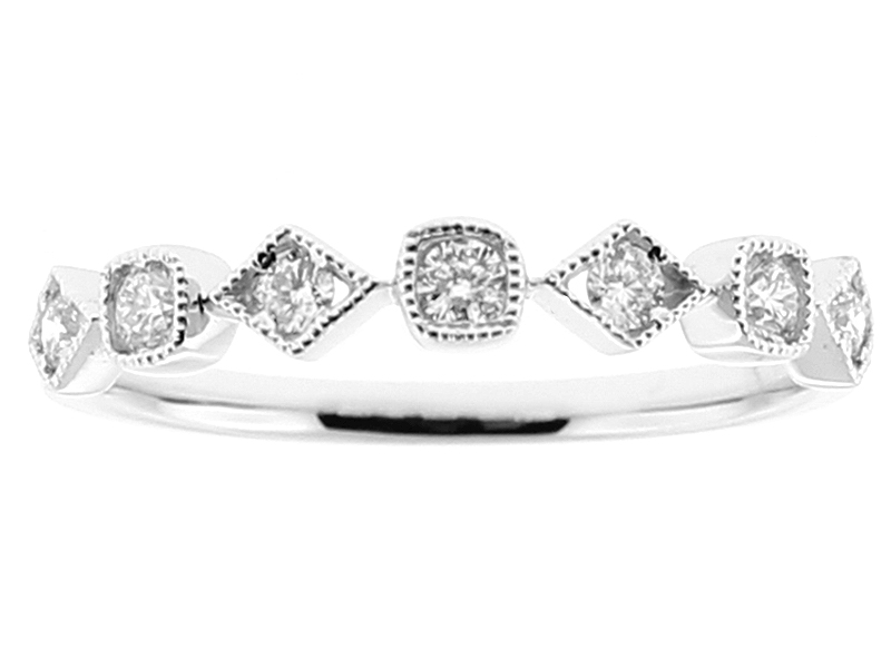 Multi Shape Stackable Ring with Bezel and Micro Prong Set Diamonds Between Milgrain Detail in 18k White Gold