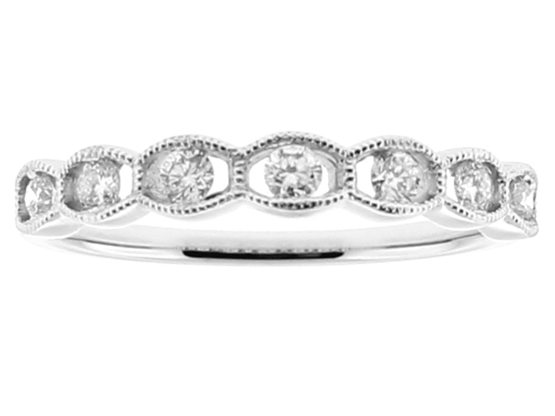 Ladies Stackable Band with Channel Set Diamonds Surrounded by Milgrain Detail in 18k White Gold