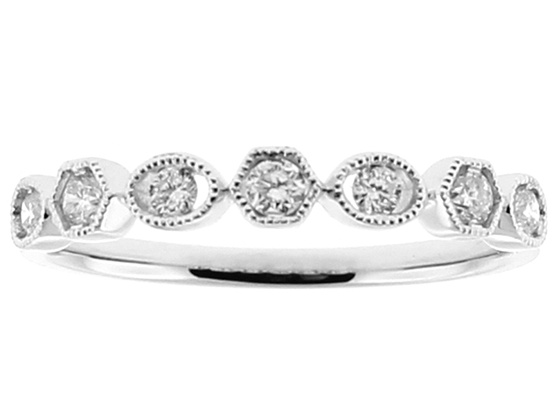 Multi Shape Stackable Ring with Channel Set Diamonds Surrounded by Milgrain Detail in 18k White Gold