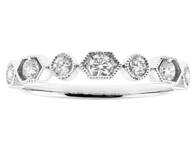 Multi Shape Stackable Ring with Channel and Bezel Set Diamonds Surrounded by Milgrain Detail in 18k White Gold