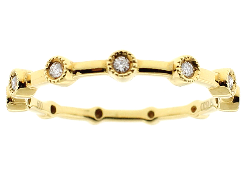 Ladies Right Hand Fashion Ring with Round Bezel Set Diamonds Surrounded by Milgrain Detail in 18k Yellow Gold