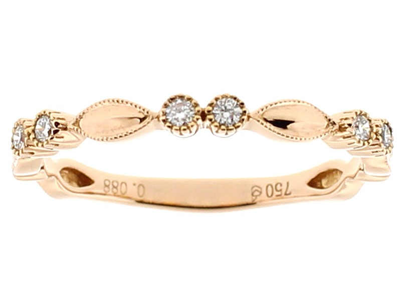Ladies Stackable Band with Bezel Set Diamonds Surrounded By Beaded Milgrain in 18k Rose Gold