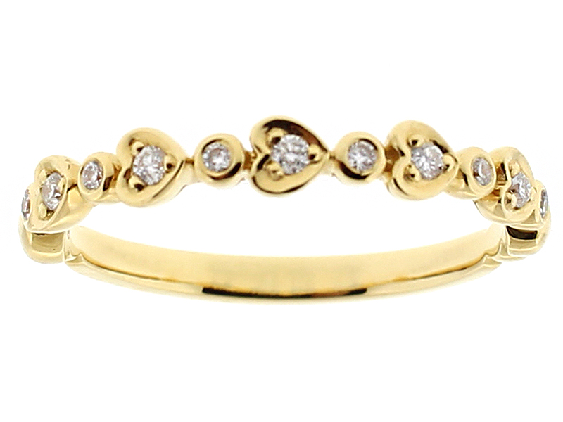 Ladies Stackable Band with Round and Heart Shaped Designs Around Bezel Set Diamonds in 18k Yellow Gold