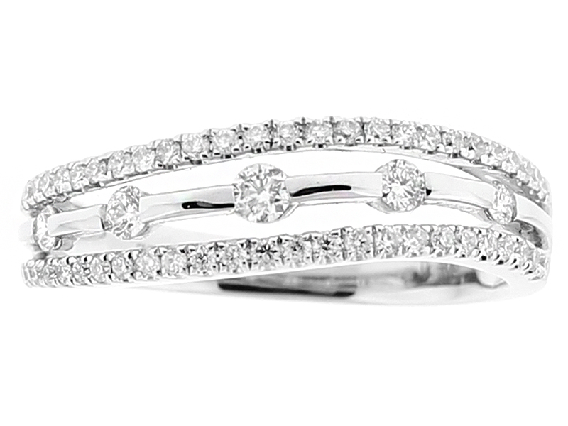 Ladies Wavy Triple Row Openwork Ring with Diamonds in 18k White Gold