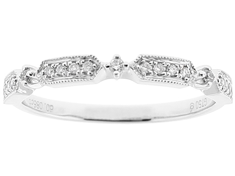 Stackable Band with Diamonds Surrounded by Milgrain Detail in 18k White Gold